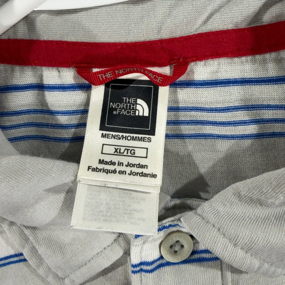 The North Face Mens XL Polo Shirt Grey Blue Striped Short Sleeve Casual Hiking
